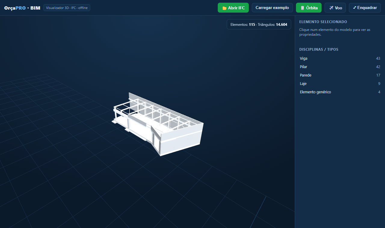 Modelo BIM 3D aberto no OrçaPRO — paredes, vigas, pilares e lajes por disciplina